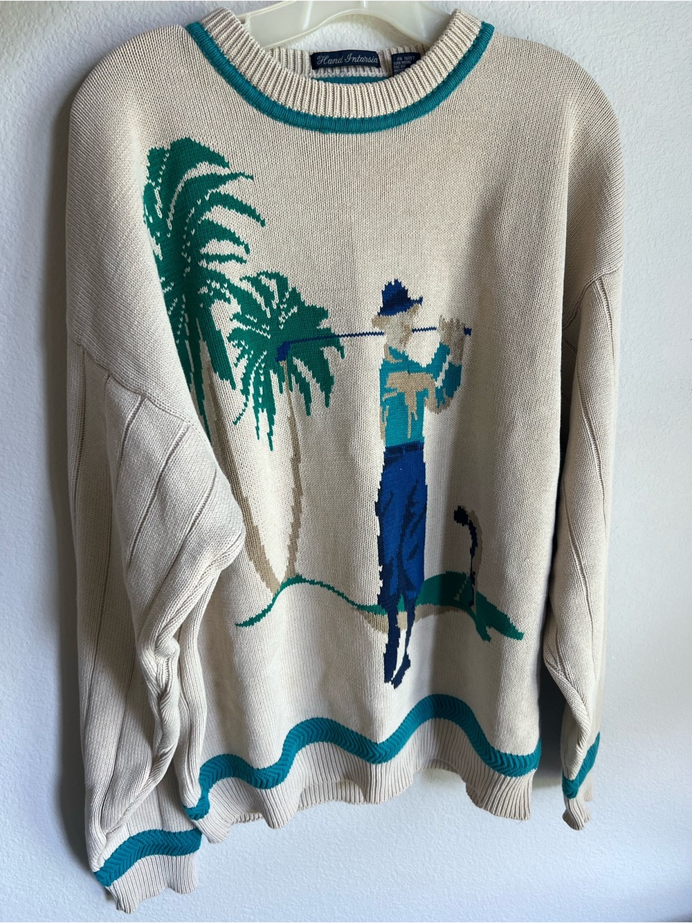Vintage Salty Dog Knit Crewneck Sweater with Teal and Navy Golf Graphic Unisex